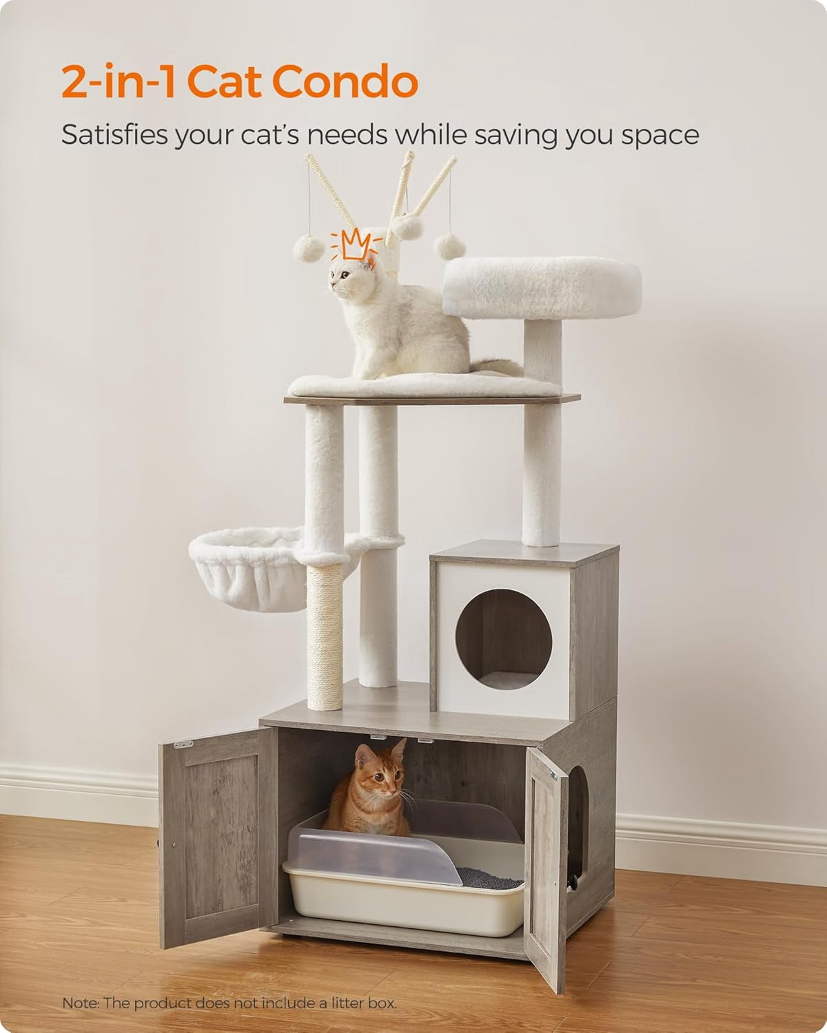 Favory Cat Tree with Litter Box Enclosure, 59-Inch Modern Cat Tower, 2-in-1 Condo with Scratching Posts, Washable Removable Cushion, Greige UPCT113G01