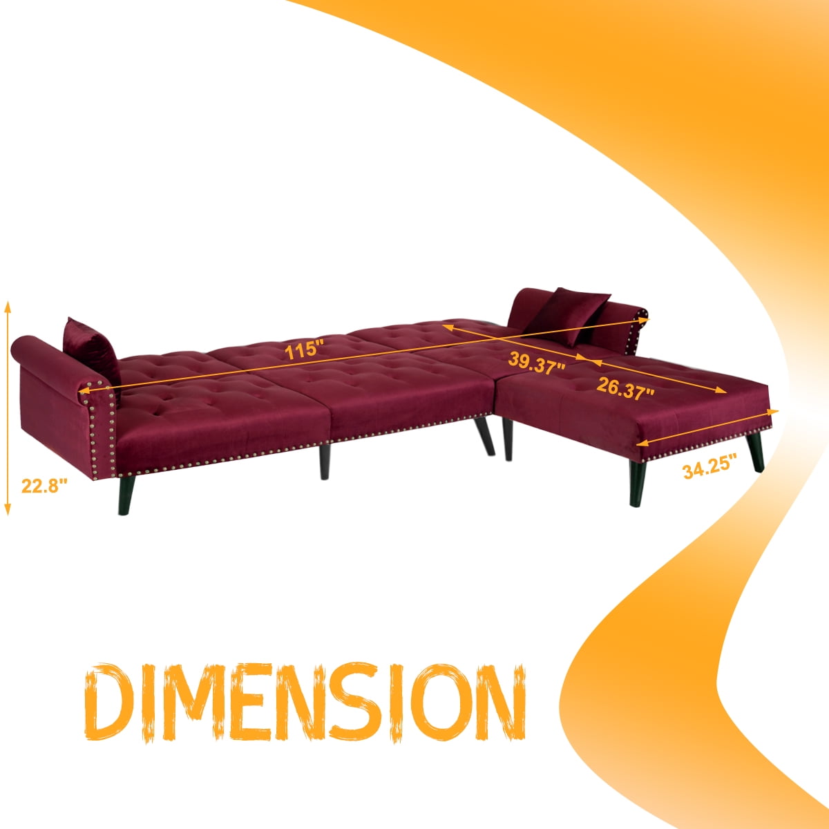Kepooman L-Shaped Sectional Sofa, Wine Red Polyester, Convertible Sofa Bed with Solid Wood Legs, Futon Sofa Bed for Living Room, Sleeper Sofa Kepooman L-Shaped Sectional Sofa, Wine Red Polyester, Convertible Sofa Bed with Solid Wood Legs, Futon Sofa Bed for Living Room, Sleeper Sofa