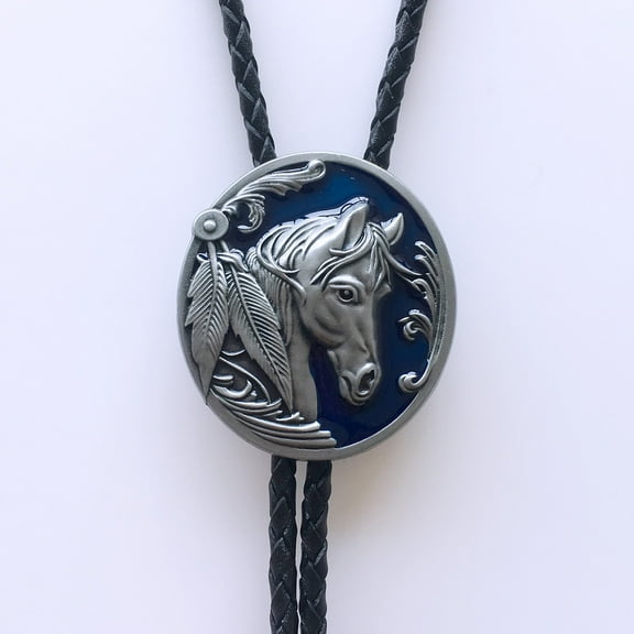 Vintage Style Blue Enamel Western Horse Head Oval Bolo Tie