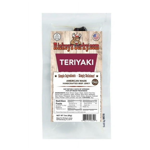 Rickey's Jerky, Teriyaki Jerky, Beef Jerky, Keto-Friendly, High Protein, Made with Simple Ingredients, 3 oz. Pack of 1