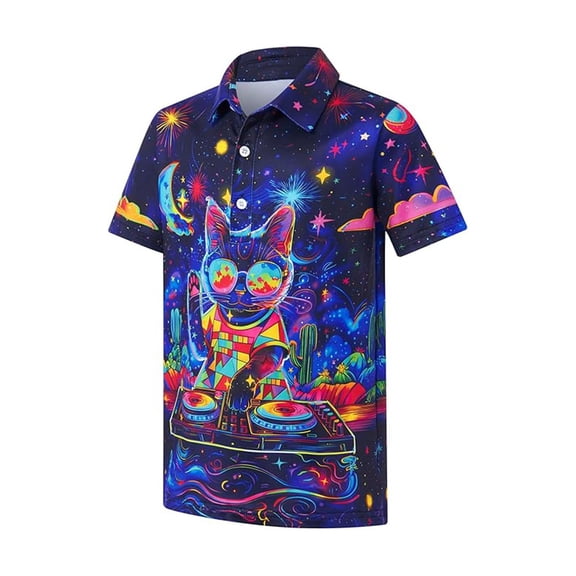 Boys Print Short Sleeve Golf Polo Shirts Novelty Cartoon Abstract Pattern Collared Tee Lightweight Breathable Casual Polo Top for Kids Daily Outdoor Summer Wear(Black1,7-8 Years)