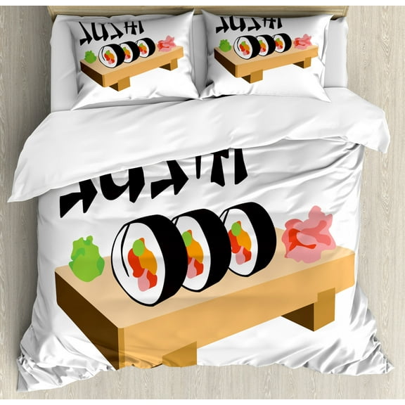 Wasabi Duvet Cover Set King Size, Sushi Lettering with Japanese Characterize Letters and Wooden Folk Food Plate Doodle, Decorative 3 Piece Bedding Set with 2 Pillow Shams, Multicolor, by Ambesonne