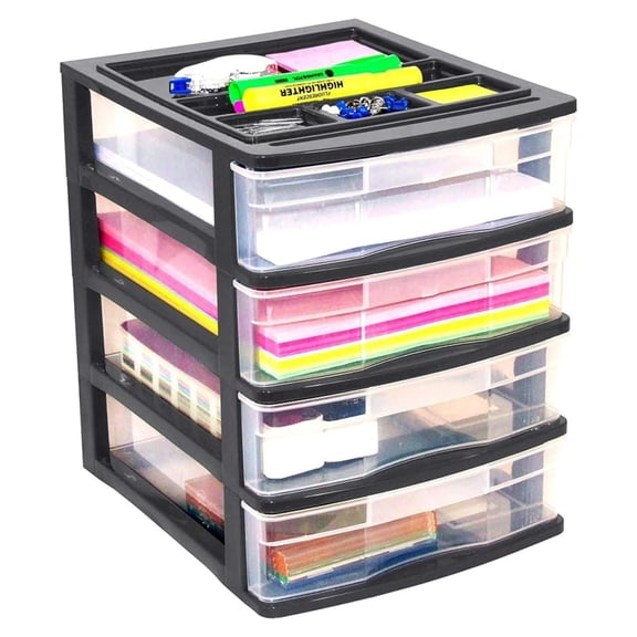 4-Drawer Desktop and Countertop Storage Organizer Drawer Set, Black/Clear