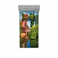 thumbnail image 2 of Landscape Bedding Set with Sheet & Covers, Scenic Summer German Traditional Medieval Half-Timbered Bridge River Town, Printed Bedroom Decor 2 Shams, 4 Sizes, Orange Blue Green, by Ambesonne, 2 of 3