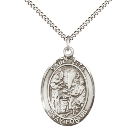 Pewter Saint Zita Medal Pendant on 18 Inch Rhodium Plated Lite Curb Brass Chain with Lobster Claw Clasp,Catholic Religious Necklace -Made in USA- Deluxe Velvet Gift Box