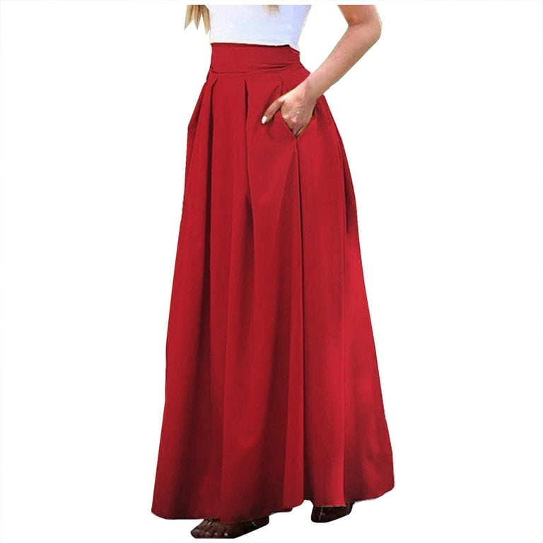 Miluxas Women's High Waist Long Skirt A-Line Pockets Skirt Flared Vintage  Skirt Clearance Red 8(L) 