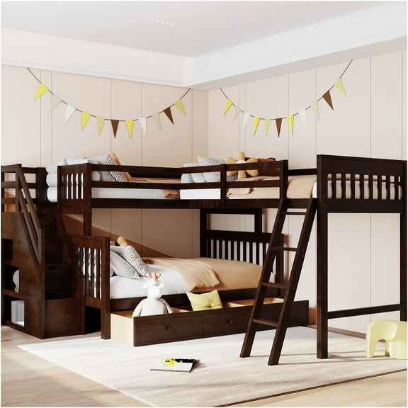 JERFIT Twin over Full L-Shaped Bunk Bed with Storage Drawers and Stairs, Solid Wood Frame, Espresso Finish