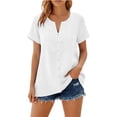 thumbnail image 5 of Auralook Womens Short Sleeve Tops Cotton Linen Shirts Loose Casual V Neck Button Lace Blouses Summer Vacation Clothes, 5 of 9