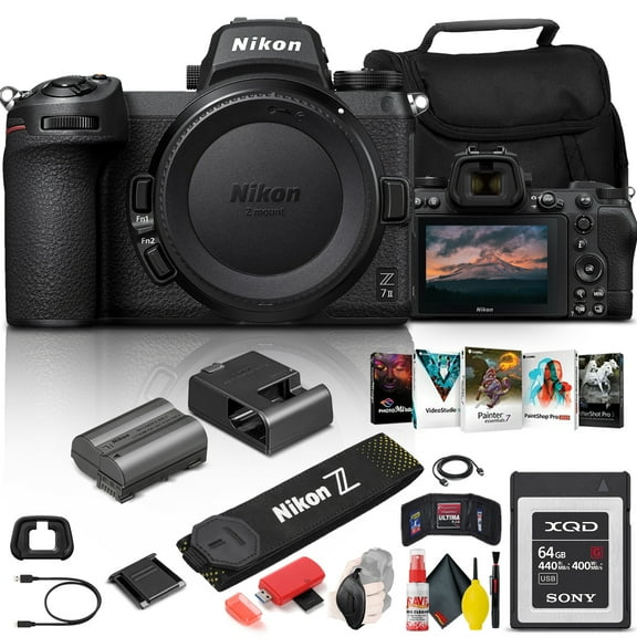 Nikon Z 7II Mirrorless Digital Camera 45.7MP (Body Only) (1653) 64GB XQD Card Corel Photo Software Case HDMI Cable Card Reader Cleaning Set Hand Strap More - International Model