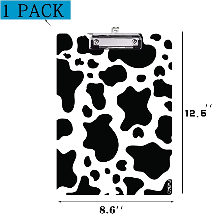 Cute Decorative Wooden Clipboard,Cow Print Design Letter Size Clipboard  with Low Profile Metal Clip for Nurses, Students, Classroom, Office 8.5" x  12.5",Black White Cow Print