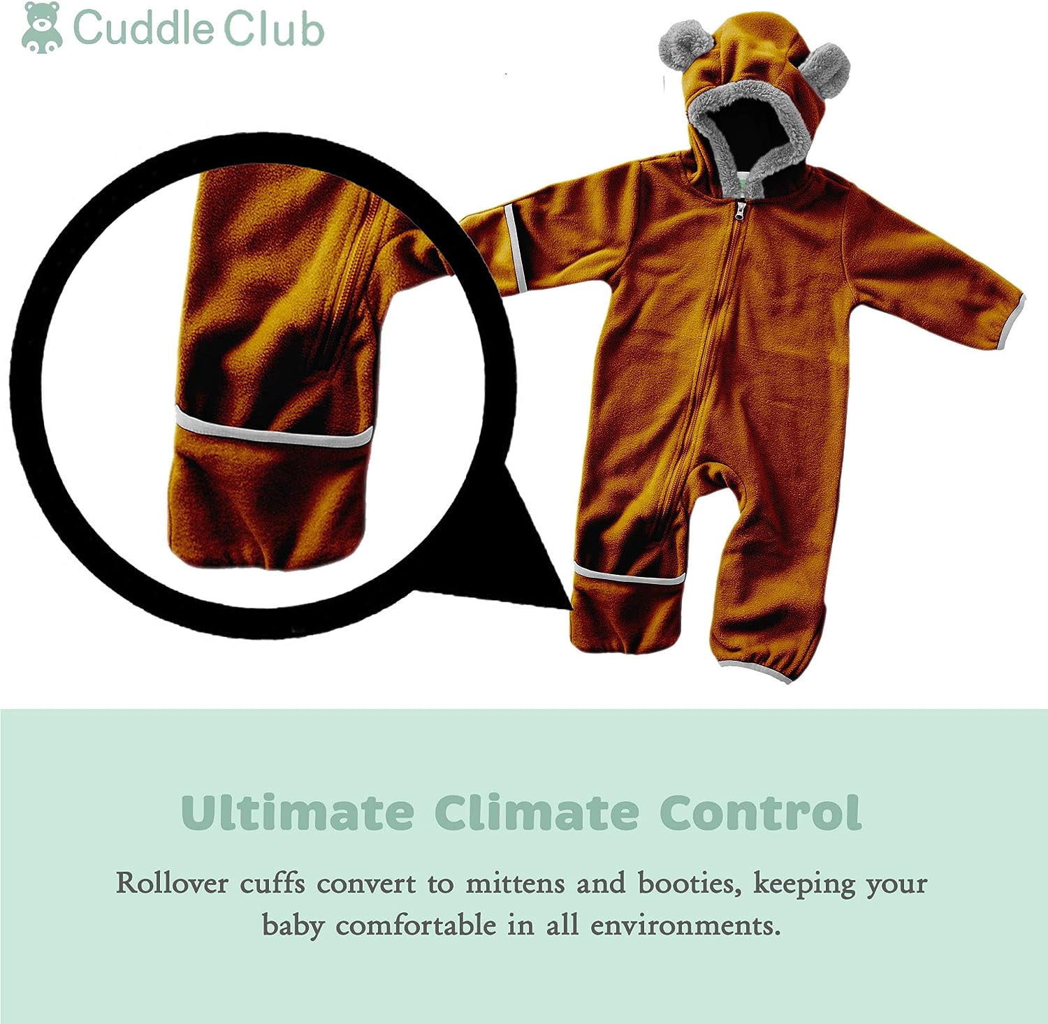 Cuddle Club One Piece Romper Hooded Fleece Onesie Jumper for Baby, Brown Bear 18-24 Mos