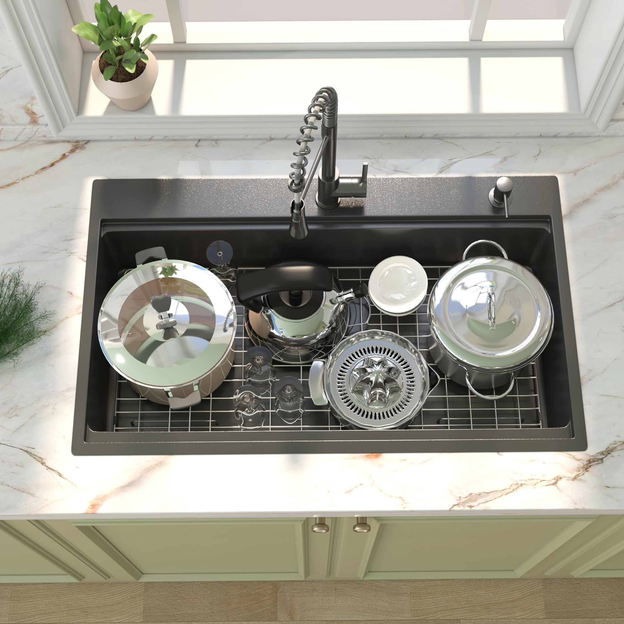 36" x 22" Drop in Gunmetal Black Kitchen Sink, 16Gauge  Stainless Steel Sink, Drop Workstation Sink, Topmount Single Bowl Sink with Integrated Ledge