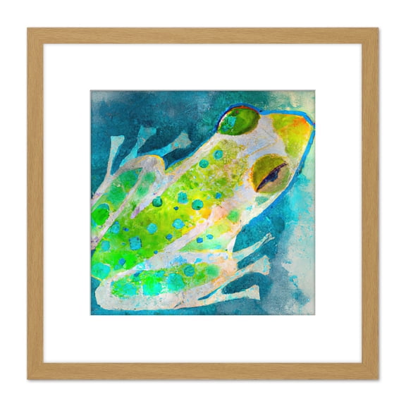 Watercolour Frog Toad Pond Lake Blue Green Painting Square Wooden Framed Wall Art Print Picture 8X8 Inch