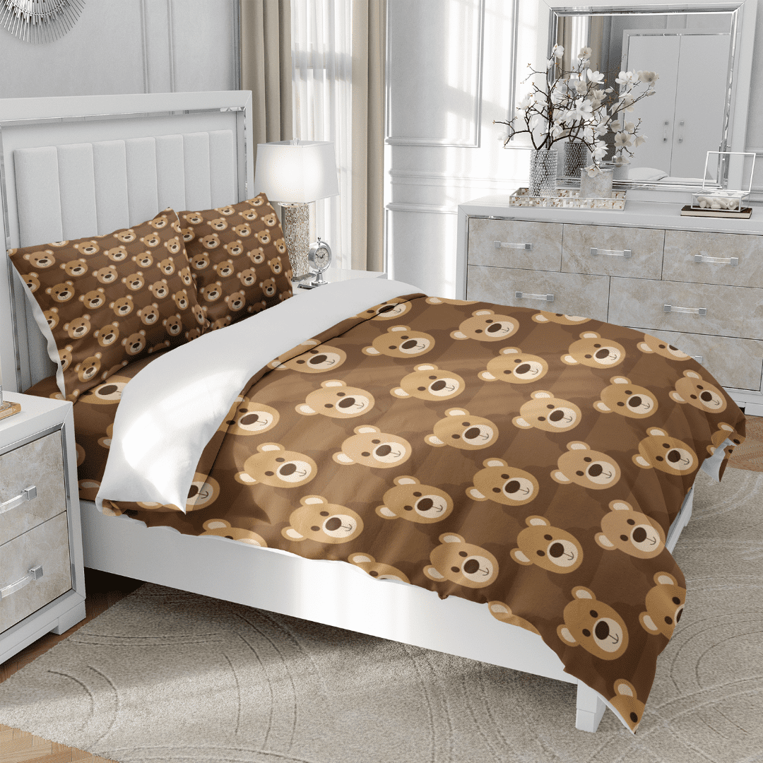 TeasBank 3D Printed Brown Bear Comforter Cover Set Teen Duvet Cover Set For Cute Room Decor Queen Size 1 Quilt Cover With 2 Pillow Cases(No Comforter)