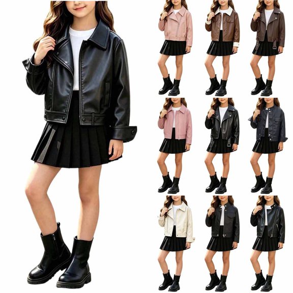 Girl's Long Sleeve PU Leather Jacket Children's Solid Color Solid Color Zipper Leather Jacket Fall Casual Outdoor Jacket 1-13 Years