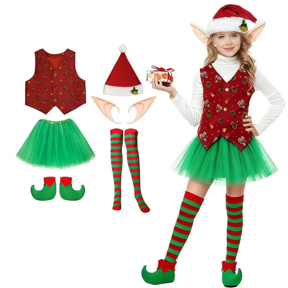 Elf Outfit for Girls Vest Tulle Dance Skirt and Hat Outfit Set Party Outfit Kids Christmas Outfit Girls 8-10 Years