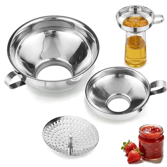 USIONE  Canning Funnel with Strainer for Wide and Regular Mason Jars - Wide-Mouth Funnels for Kitchen Use - Canning Supplies Kit - Stainless Steel - 3 pack (Small and Large)