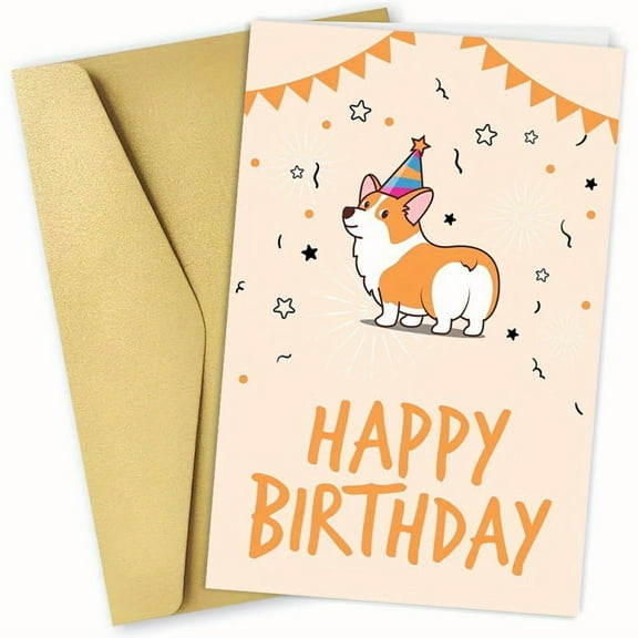 Adorable Corgi Birthday Greeting Card - Blank Inside with Gold Envelope - Perfect for Dog Lovers!