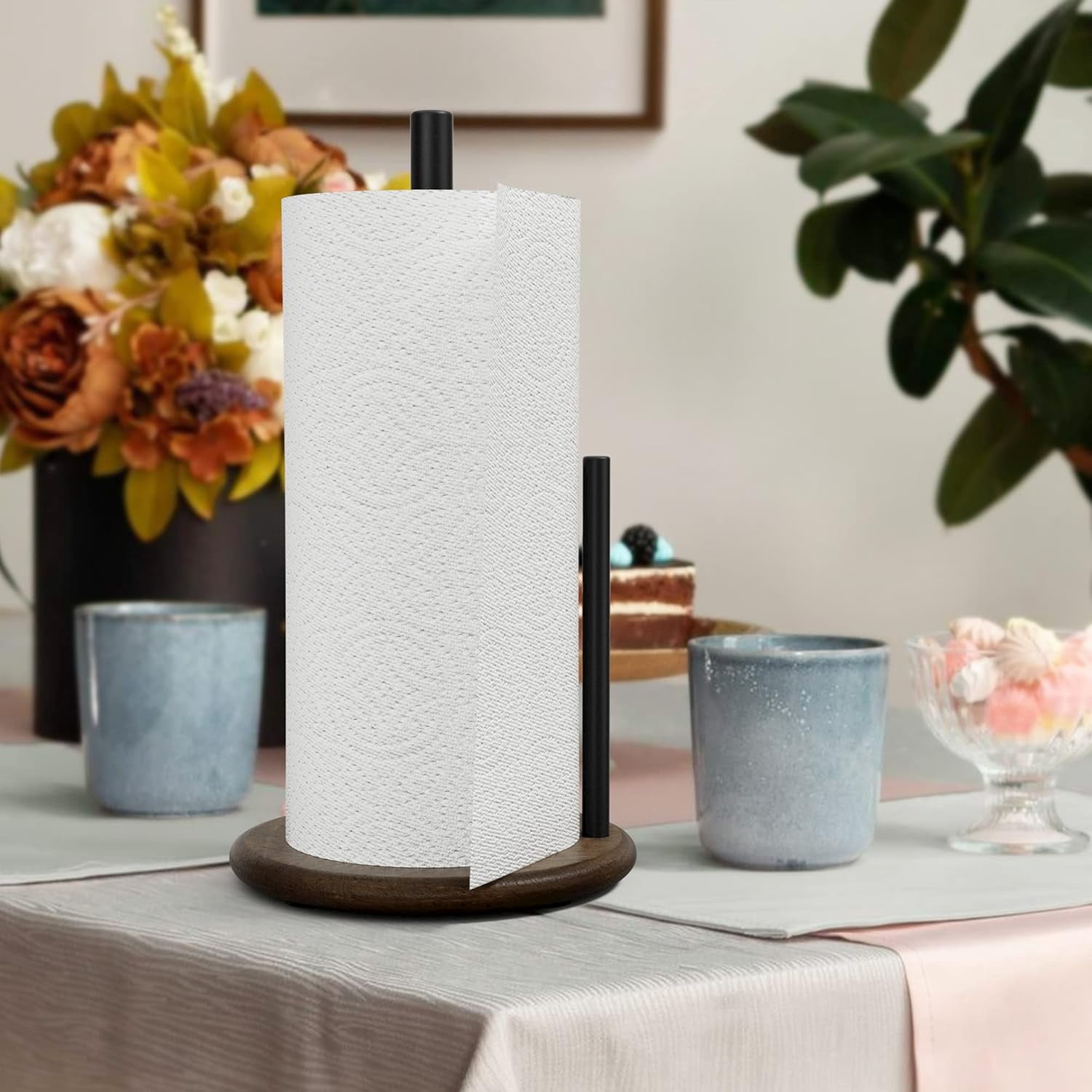 MaxxMarket Paper Towel Holder Countertop with Real Wood Round Base, Farmhouse Paper Towel Holder Stand for Kitchen Dining Table Home Decor