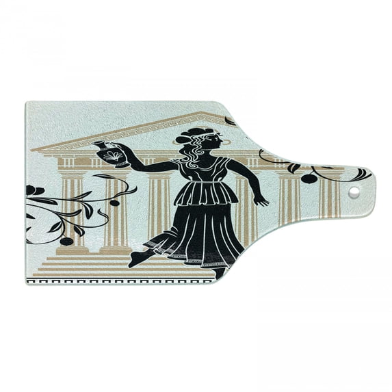 Retro Cutting Board, Greek Woman with Amphora Building and Olive Branches Culture Folk Pattern, Decorative Tempered Glass Cutting and Serving Board, Wine Bottle Shape, Sand Brown Black, by Ambesonne