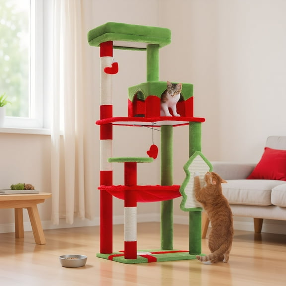 Pefilos 56" Multi-Level Cat Tree Tower for Indoor Cats with Sisal Scratching Posts, Cozy Cat Condo, Large Hammock and Plush Perches Cat Tree House for Large Cats, Red