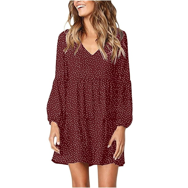ICHUANYI Clearance Women's Fashionable Long Sleeved Polka Ruffle Hem Loose Casual Style Dress(Red, S) ICHUANYI WER2023081113109