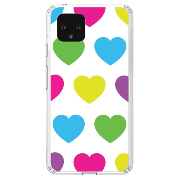 DistinctInk Clear Shockproof Hybrid Case for Google Pixel 4 XL (6.3" Screen) - TPU Bumper, Acrylic Back, Tempered Glass Screen Protector - White Multi Color Hearts