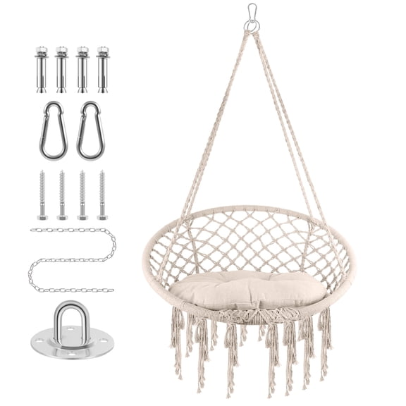 Macrame Hammock Hanging Cotton Kits, Chair Rope Swing with Hand-Woven Rope, Steel Spreader Bar Anti-Slip Rings, Cream White, Easy Assembly, Soft, Safe, for Indoor Yard