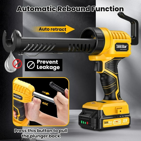 TaskStar 10oz Cordless Electric Caulking Gun - 2.0Ah Lithium Battery & Charger, 5-Speed Adjustable with LED Light & Cutting Tool, Lightweight for Bathroom/Balcony/Door Sealing
