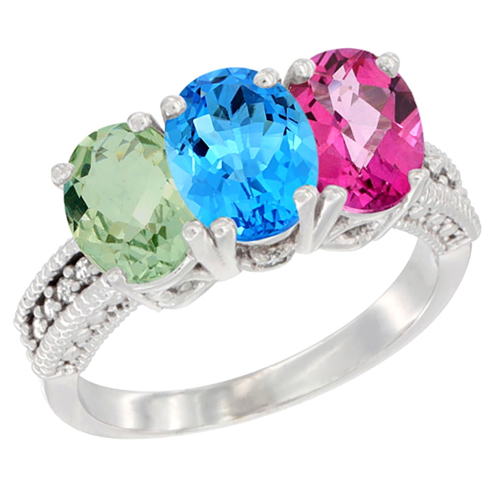 14K White Gold Natural Green Amethyst, Swiss Blue Topaz & Pink Topaz Ring 3-Stone 7x5 mm Oval Diamond Accent, sizes 5 10 by WorldJewels