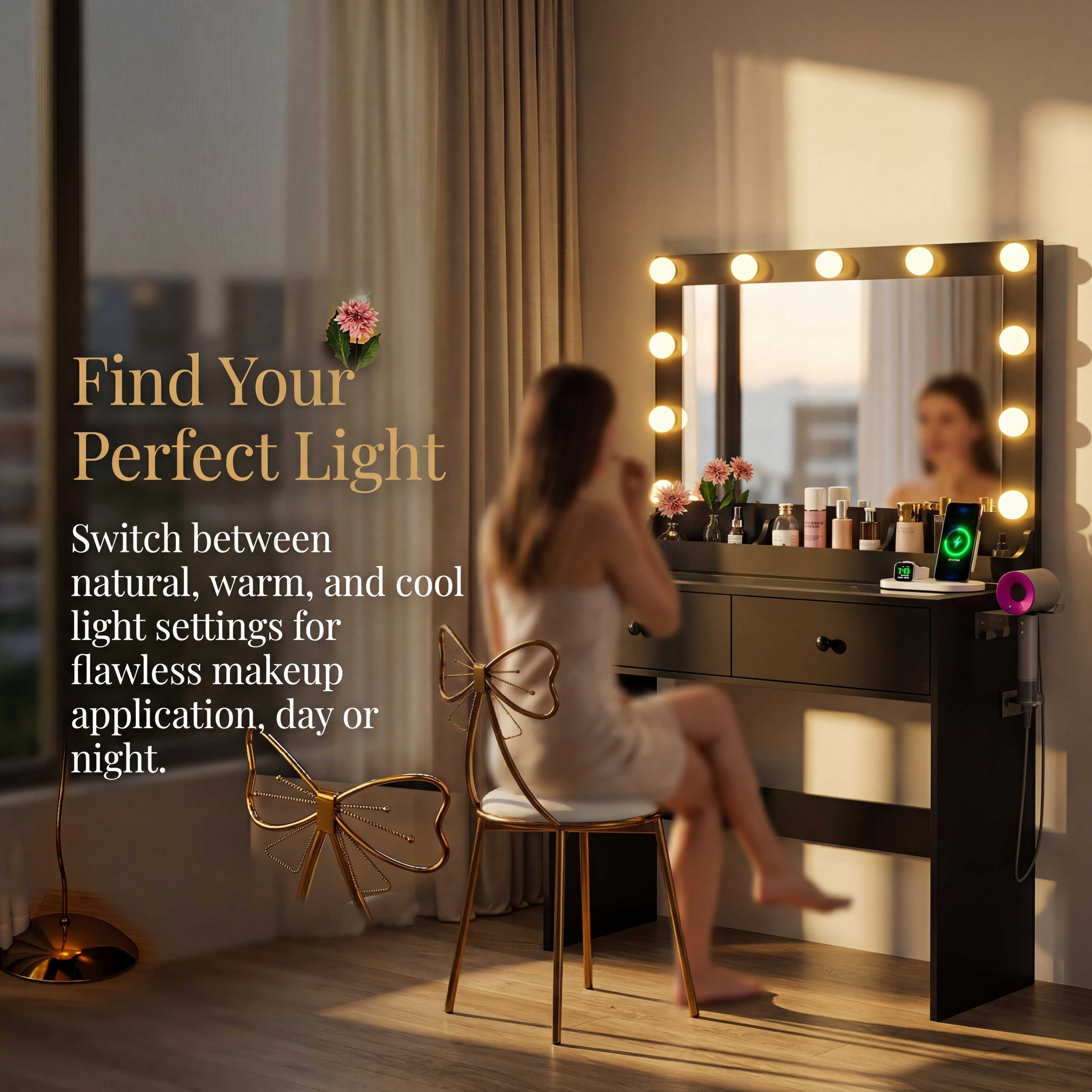 Zimtown Vanity with Mirror and Light, Makeup Desk  with Charging Station and Storage, Dressing Table with Hair Dryer Rack for Bedroom, Black