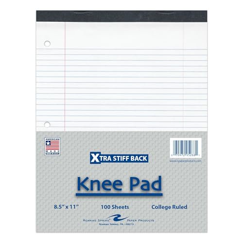 Roaring Spring Knee Pad College Ruled Extra Stiff Back Legal Writing Pad, 3 Hole Punched, 8.5 x 11.75" 100 Sheets, White