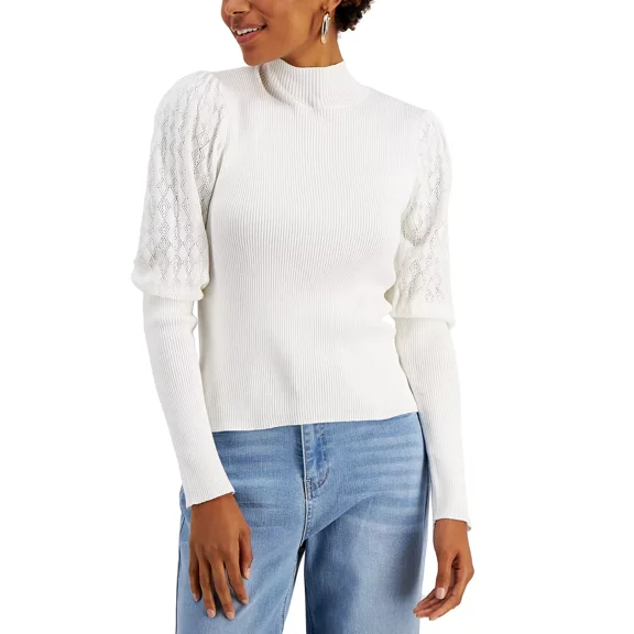 Hooked Up by Iot Juniors’ Pointelle-Sleeve Sweater, Spiritual Vanilla, Medium