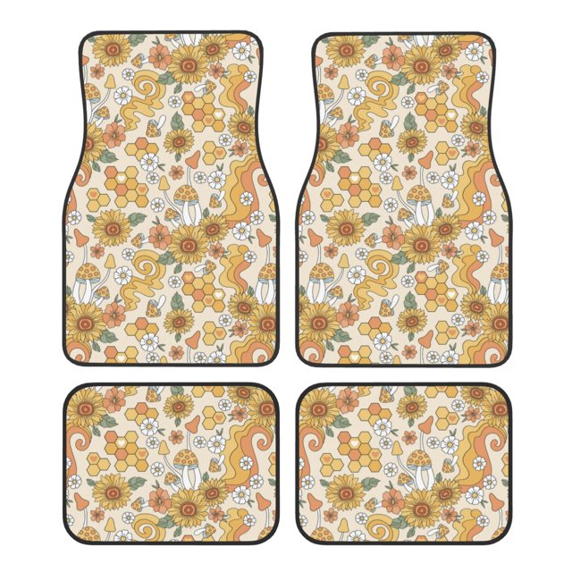 Fotbe Retro 70s 60s Flower Juego de 4 Tapetes para Auto con Estampado – Alfombrillas de Goma Reforzada, Diseño Antideslizante, Protección para Todo el Año – Vehículos, Autos, Camionetas y SUVs