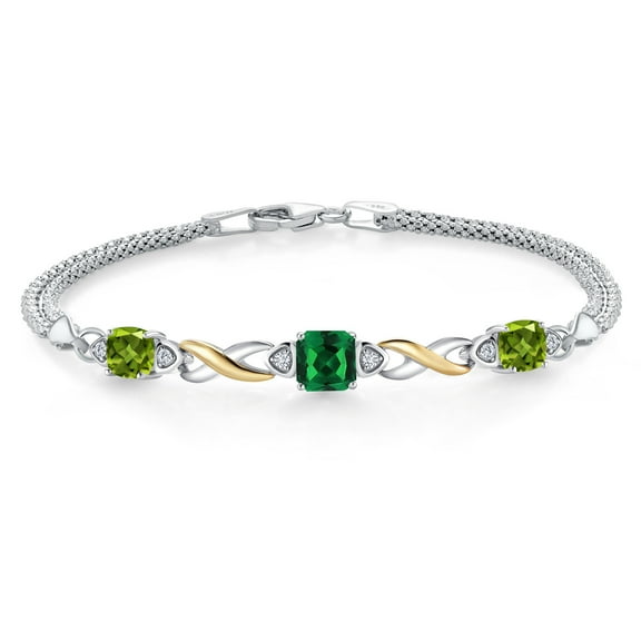 925 Silver and 10K Yellow Gold Green Nano Emerald and Green Peridot and White Lab Grown Diamond Bracelet for Women (2.29 Cttw, Gemstone May Birthstone, Cushion 6MM, 7.5 inches, Made in Italy)