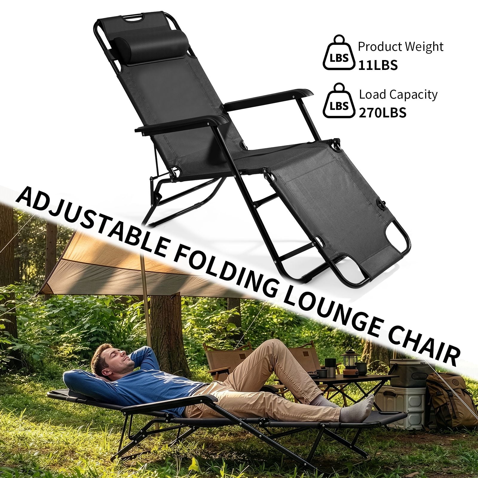 Portable Dual Purposes Extendable Folding Reclining Chair, Black
