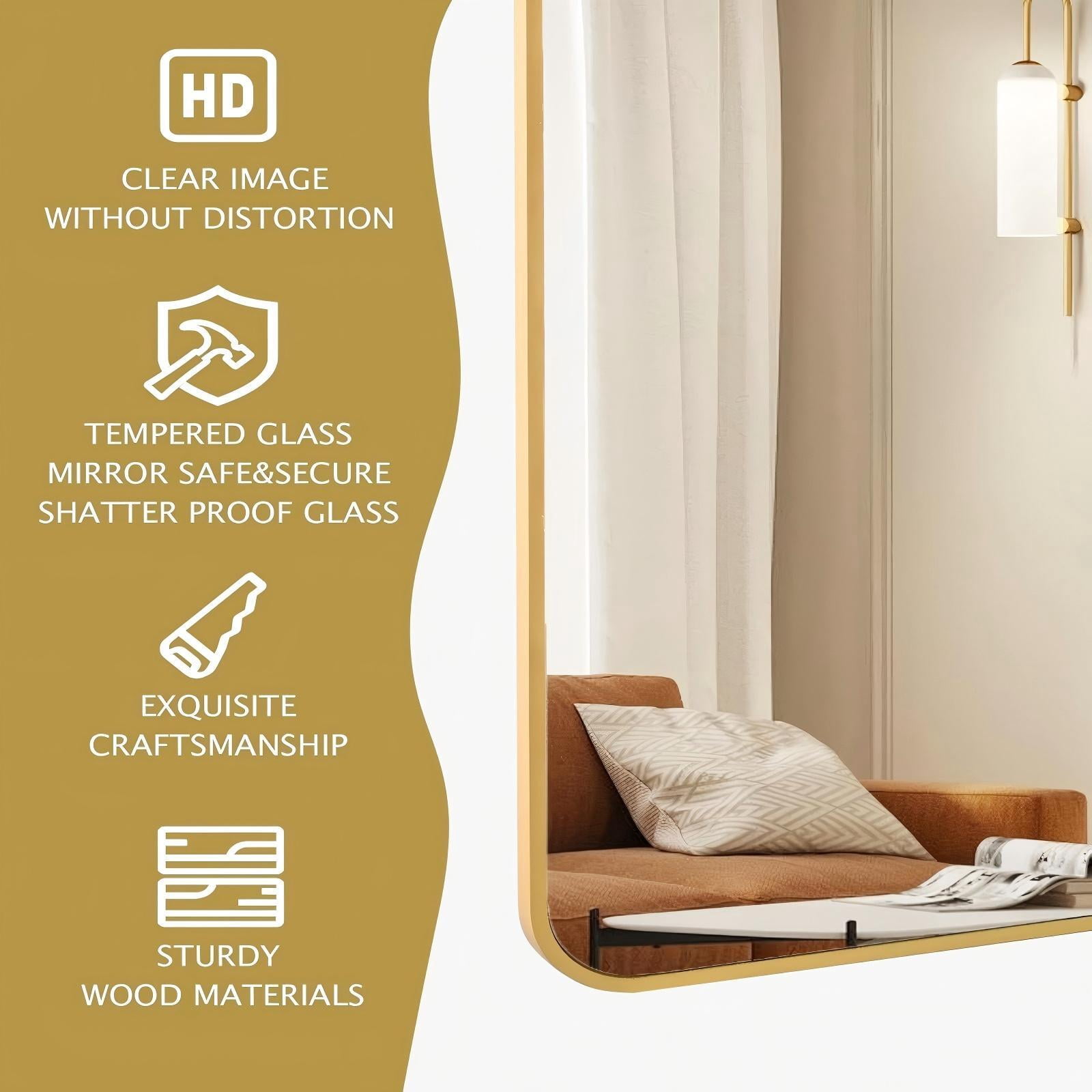 BEAUTYPEAK 26"x 38" Rectangle Bathroom Aluminum Alloy Wall Mirror with Rounded Corner,Gold