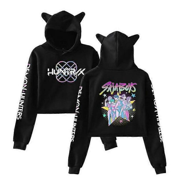 Sudadera corta con capucha y orejas de gato de Demon Hunters KPop, estilo grupo femenino, bonita sudadera corta con capucha y corte holgado.