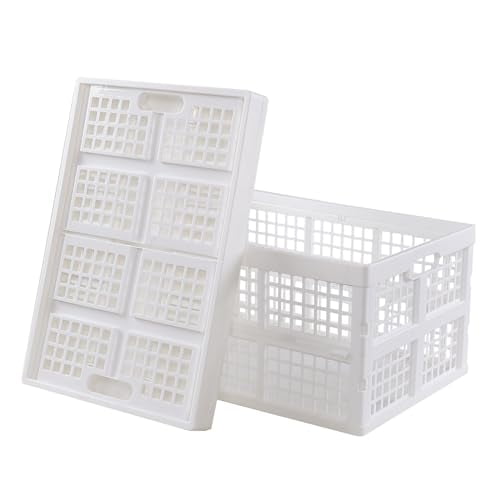 2-Pack Large Plastic Collapsible Storage Crate, 40 L Large Stackable Folding Storage Basket, White