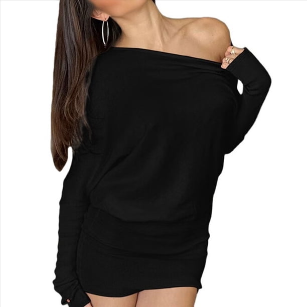 Vestido Holgado Transparente con Mangas Murciélago, Hombros Descubiertos, Larga, Minivestido con Volantes, Informal, Extragrande, para Calle. Negro S