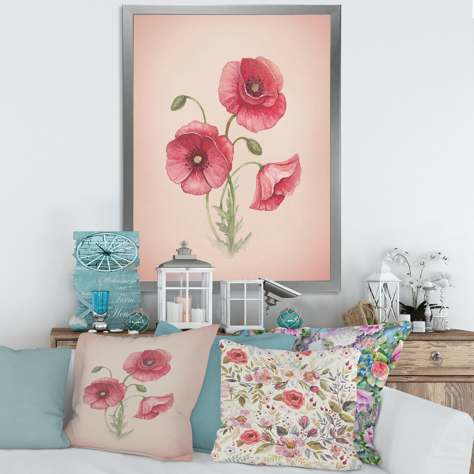 Designart 'Poppy Retro Flowers' Vintage Framed Art Print