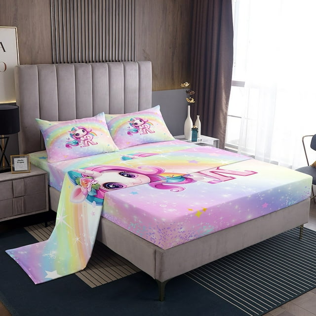 Erosebridal Pink Unicorn Twin Sheet Sets, Initial R Letter Bedding Twin Size, Flower Decor 3 Pieces