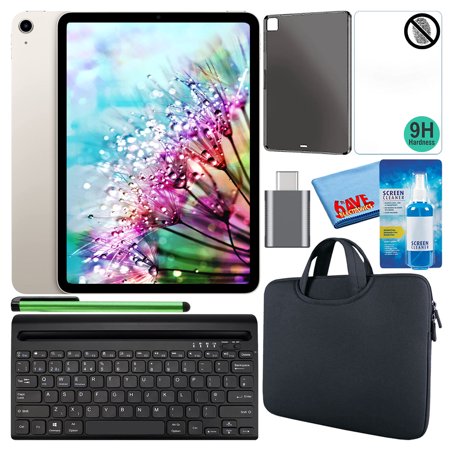 Apple 10.9" iPad Air (2022, 64GB, M1 Chip, Wi-Fi, Starlight) (MM9F3LL/A) Bundle with Black Zipper Sleeve + Screen Protector + TPU Case + Keyboard + LCD Cleaner