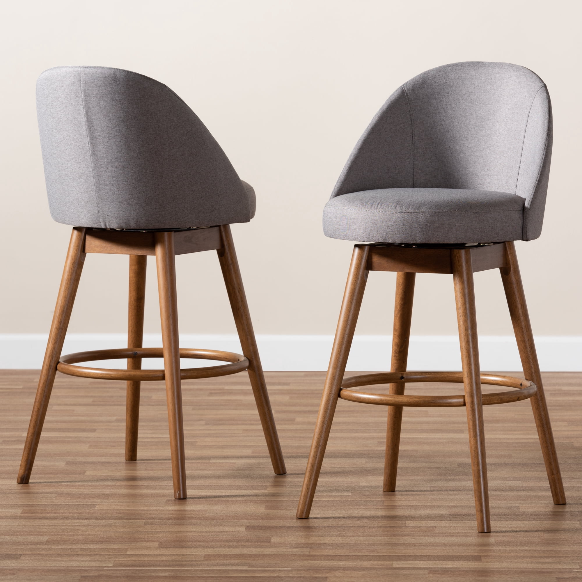 Set of 2 Baxton Studio Carra Mid-Century Modern Grey Fabric Upholstered Walnut-Finished Wood Swivel Bar Stool Set