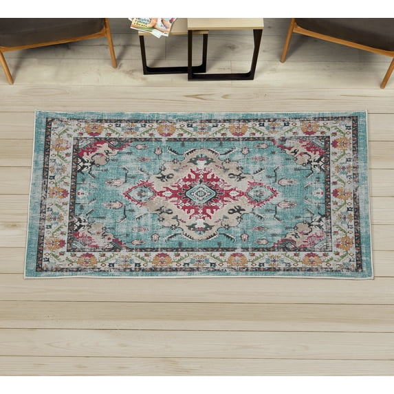 Vintage Decorative Rug, Grunge Floral Artwork Retro Oriental Feels Nostalgic Tulip Details Print, Quality Carpet for Bedroom Dorm and Living Room, 6 Sizes, Seafoam and Magenta, by Ambesonne
