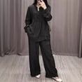 thumbnail image 5 of 2 Pcs/Set Women Top Pants Suit Round Neck Half Single-breasted Long Sleeves Loose Blouse Wide Leg Pure Color Trousers Casual Pantsuit Sport Clothes, 5 of 8