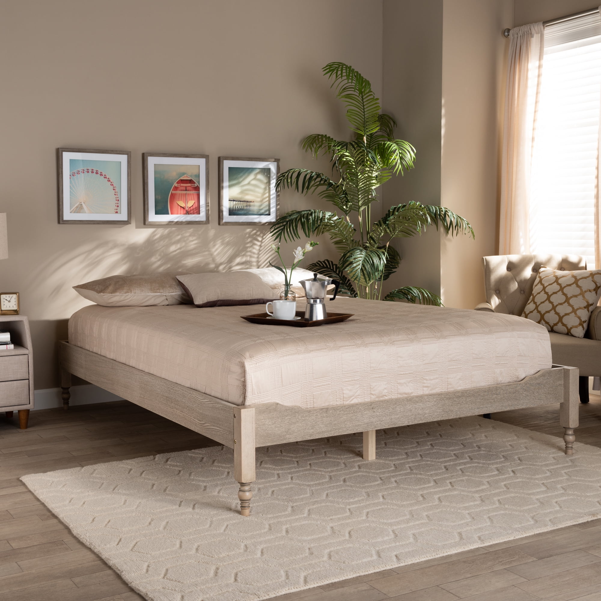 Baxton Studio Laure French Bohemian Antique White Oak Finished Wood King Size Platform Bed Frame