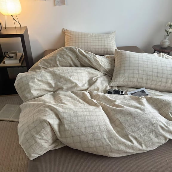 Beige Gingham Full/Queen(1 Duvet Cover   2 Pillow Shams) Washed Cotton Bedding Set