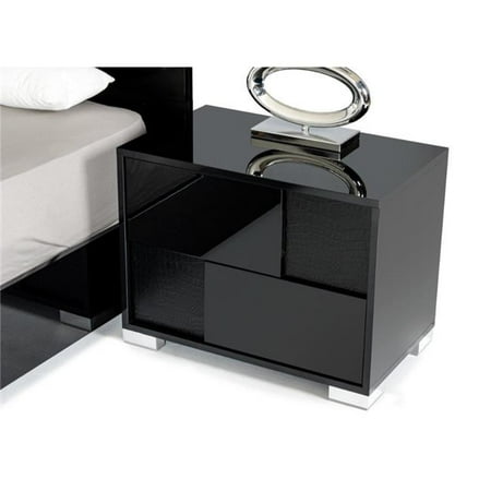 Crocodile Texture Base - Benzara Wooden Two Drawer Nightstand with Crocodile Textured Front Panel, Glossy Black