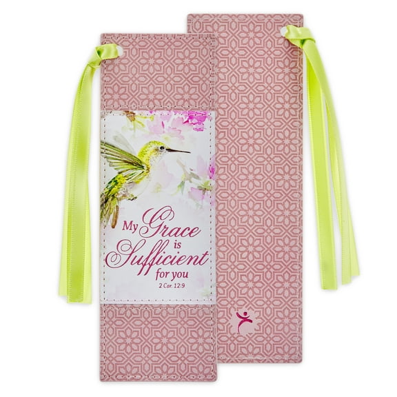 Christian Art Gifts Premium Vegan Leather Scripture Bookmark for Women: Grace is Sufficient Inspirational Bible Verse Cute Hummingbird Book Accessory, Pink Multicolor Floral & Lime Green Satin Ribbon